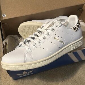 adidas White Stan Smith Sneakers with Leopard Heel Accent new never worn.